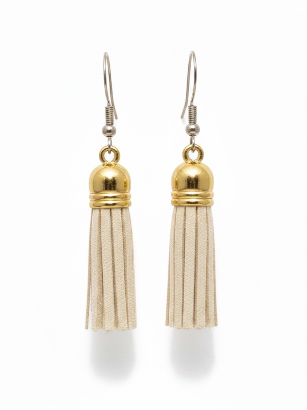 Handmade tan‎ leather tassel gold tone  stainless steel hook earrings